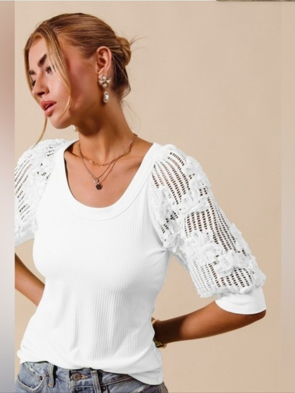 NWT XL So Me White  Cream Ribbed Top with Lace Puff Sleeves